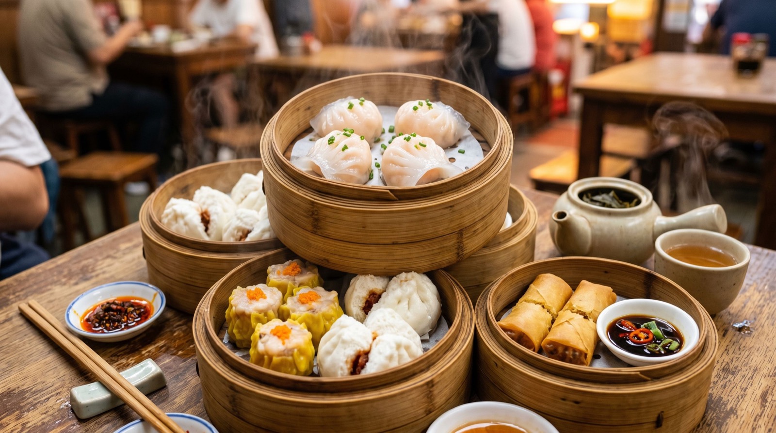 Assorted dim sum in bamboo steamer baskets