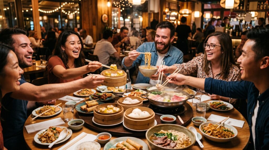 A large group enjoying a lively dinner at a restaurant